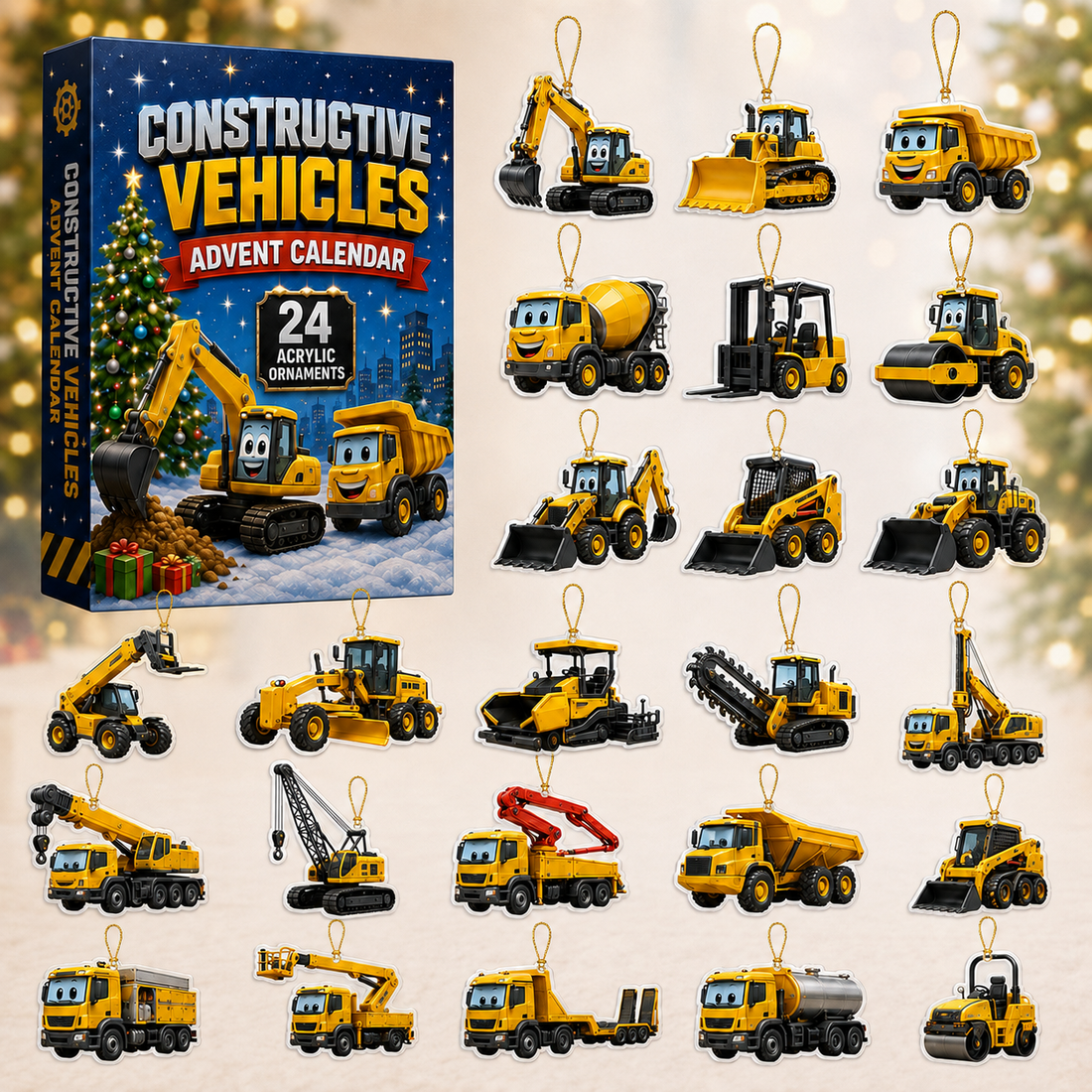 Constructive Vehicles Advent Calendar 2026 24 Day Festive Countdown Acrylic Charms Blind Box Gift For Kids Family Friends