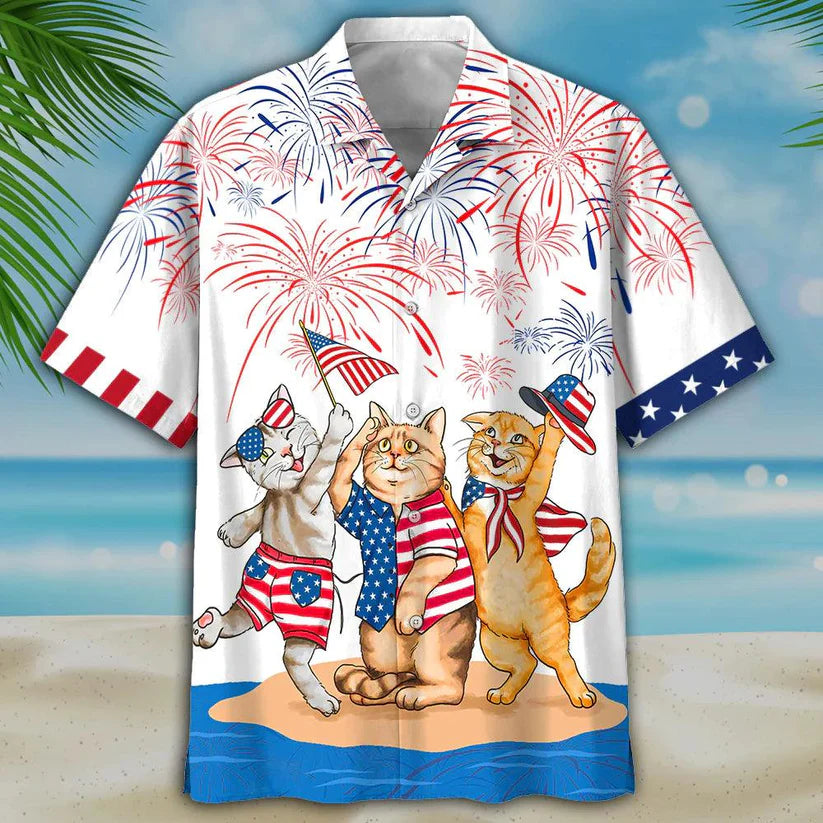 Cool Cat Aloha Hawaiian Shirts For Summer, American Shorthair Shirts Independence Day Aloha Hawaiian Shirt For Men Women, Patriotic, Cat Pet Lovers