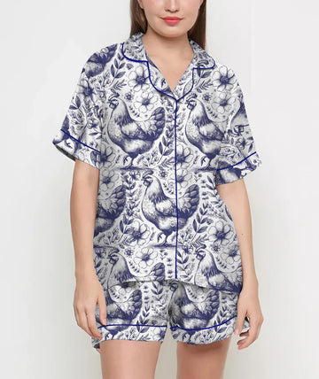 Coquette Chicken Floral Pajamas Satin Set, Mother's Day Gift, Gift For Her, Gift For Mama, Birthday Gift, Bridesmaid Gifts Women