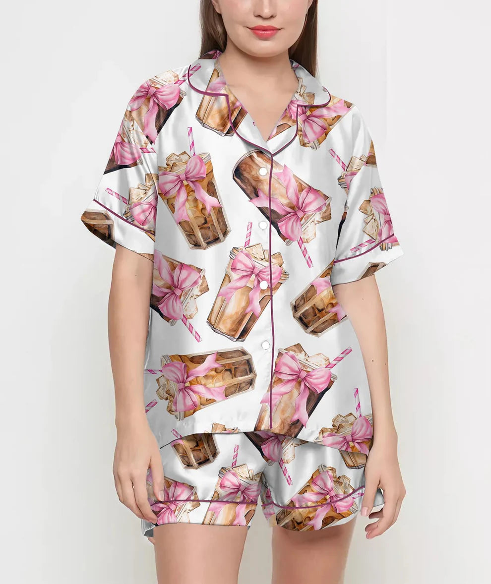 Coquette Coffee Pajamas Satin Set, Iced Coffee Shirt, Mother Day Gift, Birthday Gift,Pjs For Women, Bridesmaid Gift, Coffee Lover, Pink Bow