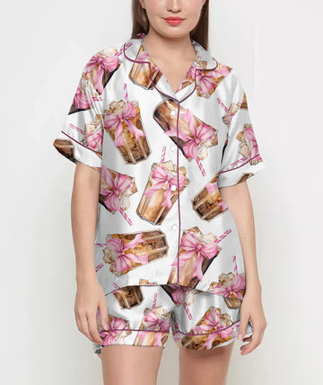 Coquette Coffee Pajamas Satin Set, Iced Coffee Shirt, Mother Day Gift, Birthday Gift,Pjs For Women, Bridesmaid Gift, Coffee Lover, Pink Bow