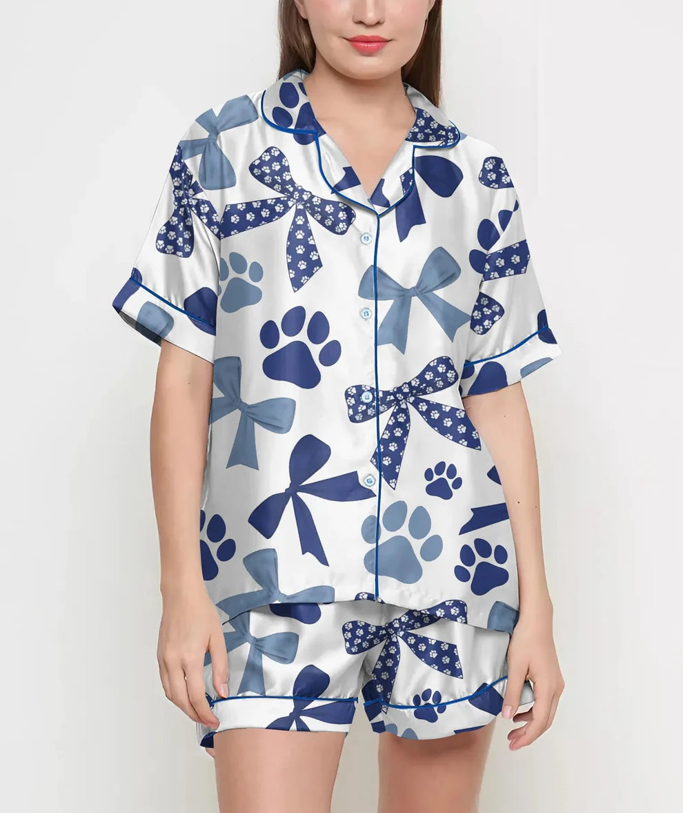 Coquette Paws Pajamas Satin Set, Blue Floral Bows Shirt, Mother's Day Gift, Birthday Gift,Pjs For Women, Bridesmaid Gifts, Bachelorette