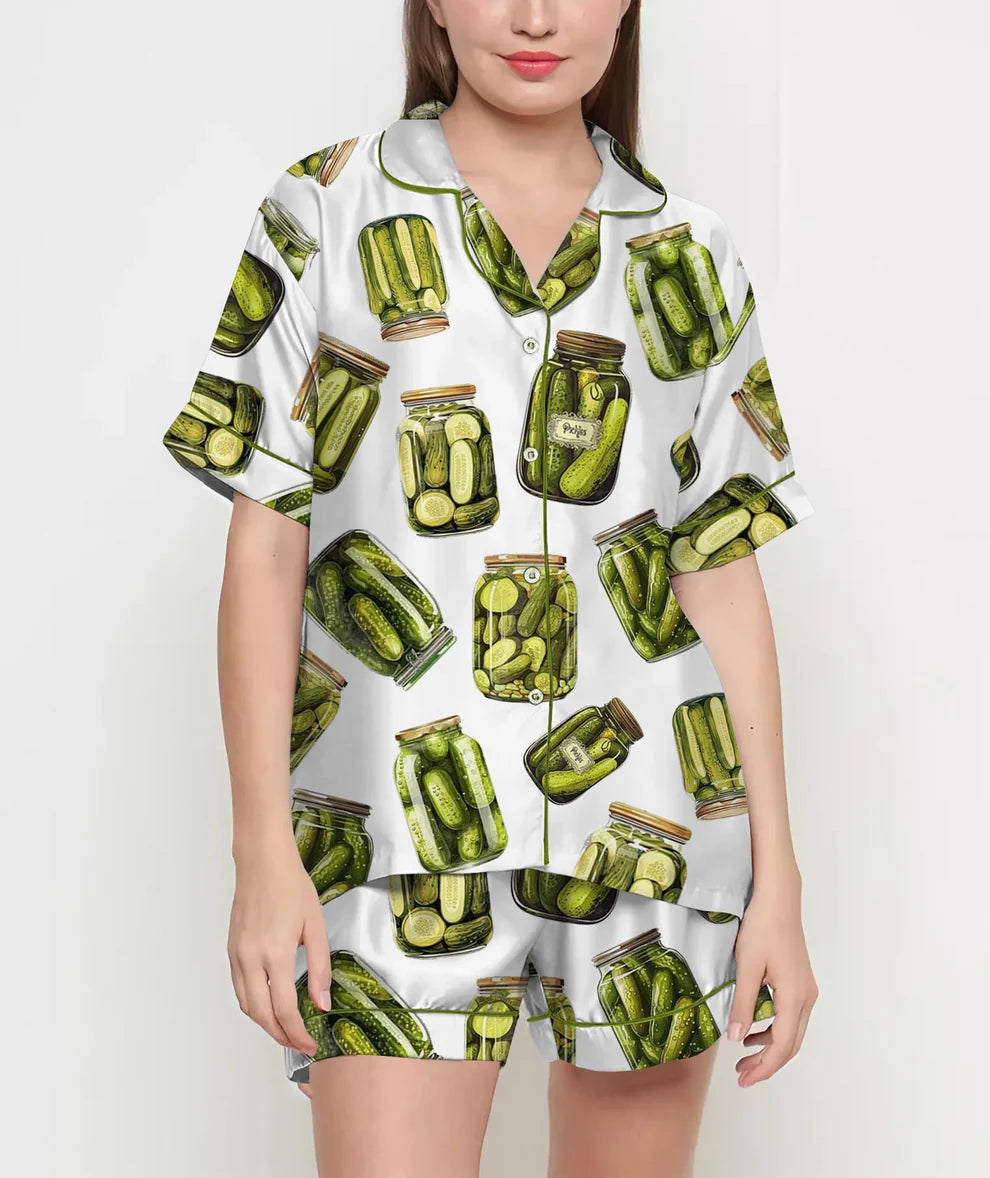 Coquette Pickles Pajamas Satin Set, Mother's Day Gift, Gift For Her, Birthday Gift, Pjs For Women, Bridesmaid Giftss