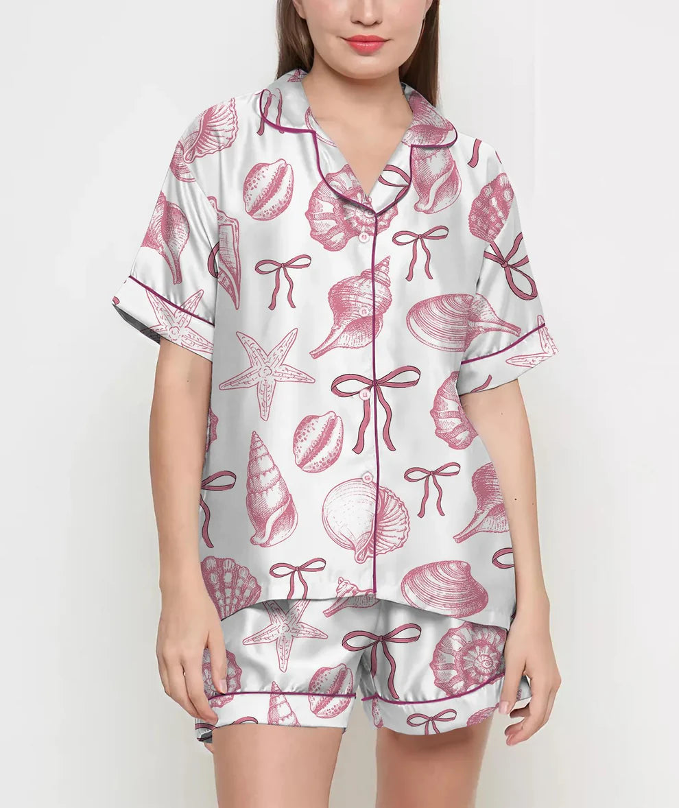 Coquette Seashell Pajamas Satin Set, Starfish and Coral Shirt, Mother's Day Gift, Birthday Gift, Pjs For Women, Bridesmaid Gifts