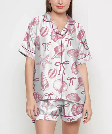 Coquette Seashell Pajamas Satin Set, Starfish and Coral Shirt, Mother's Day Gift, Birthday Gift, Pjs For Women, Bridesmaid Gifts