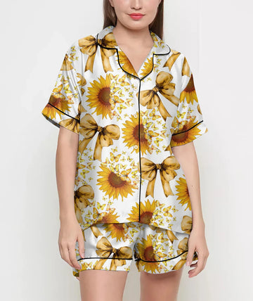 Coquette Sunflower Pajamas Satin Set, Sunflower Shirt Yellow Butterflies, Mother's Day Gift, Birthday Gift, Bridesmaid Gifts
