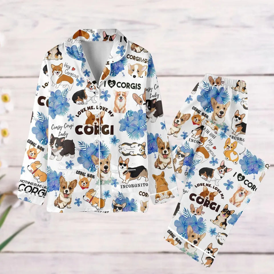 Corgi Dog Pajamas Set, Corgi Floral Pajamas, Cute Pet Mom Long Sleeve Pyjamas, Animal Holiday Pjs, Corgi Mom Gift, Corgi Mama Pjs