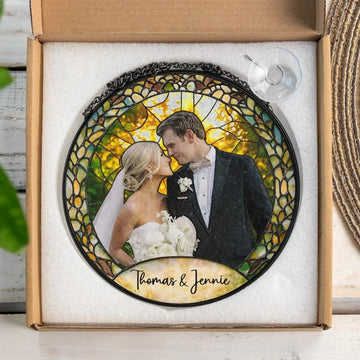 Couple Weeding Anniversary Photo Personalized Window Hanging Stained Glass Love Gift