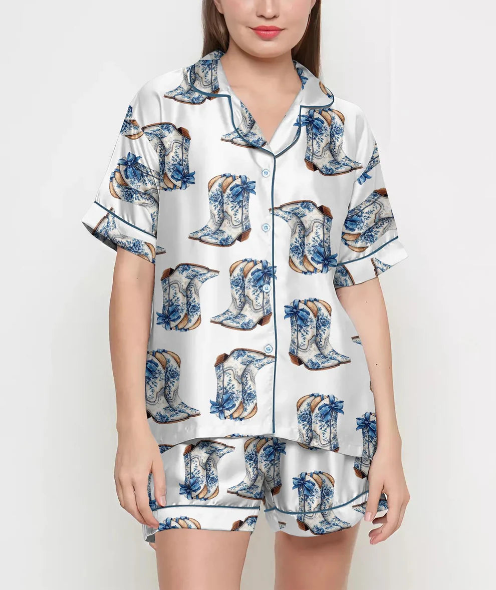 Cowboy Boots Coquette Pajamas Satin Set, Western Girl Shirt,Mother's Day Gift, Birthday Gift, Pjs For Women, Bridesmaid Gifts, Cowgirl Shirt