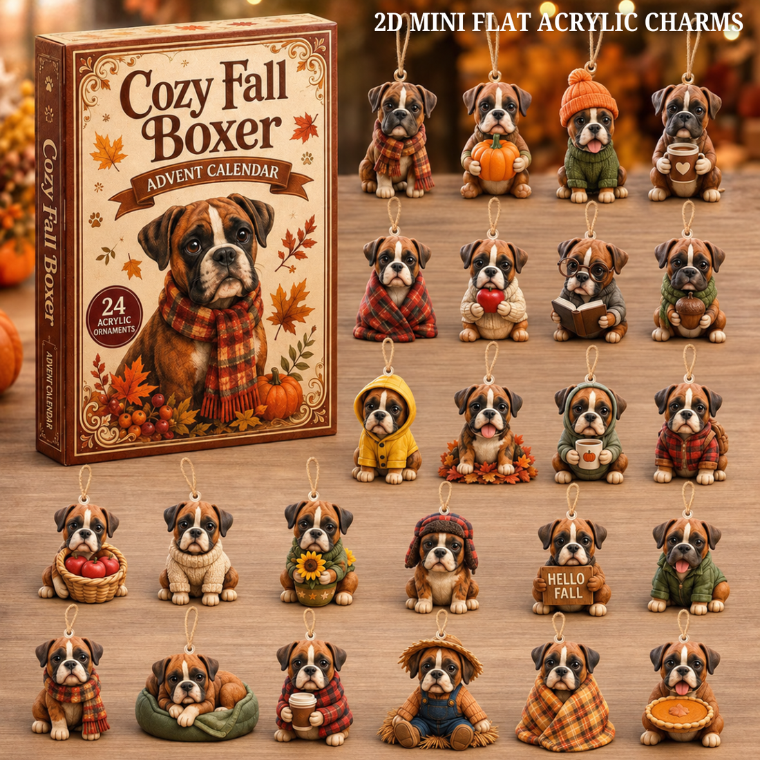 Cozy Fall Boxer Advent Calendar 2026 24 Day Festive Countdown Acrylic Charms Blind Box Gift For Boxer Lovers