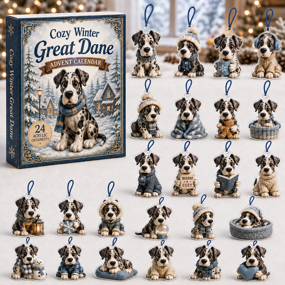 Cozy Winter Great Dane Advent Calendar 2026 24 Day Festive Countdown Acrylic Charms Blind Box Gift For Great Dane Lovers