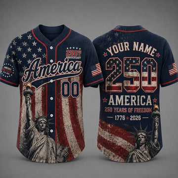 Custom America 250th Anniversary Baseball Jersey, Personalized Name Number Patriotic Shirt, USA 1776-2026 Freedom Gift