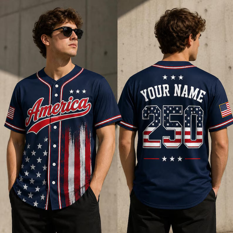Custom America Baseball Jersey, Patriotic 250th Anniversary Shirt, Personalized Name Number Jersey, USA Flag 1776 2026, USA 250 Year Freedom