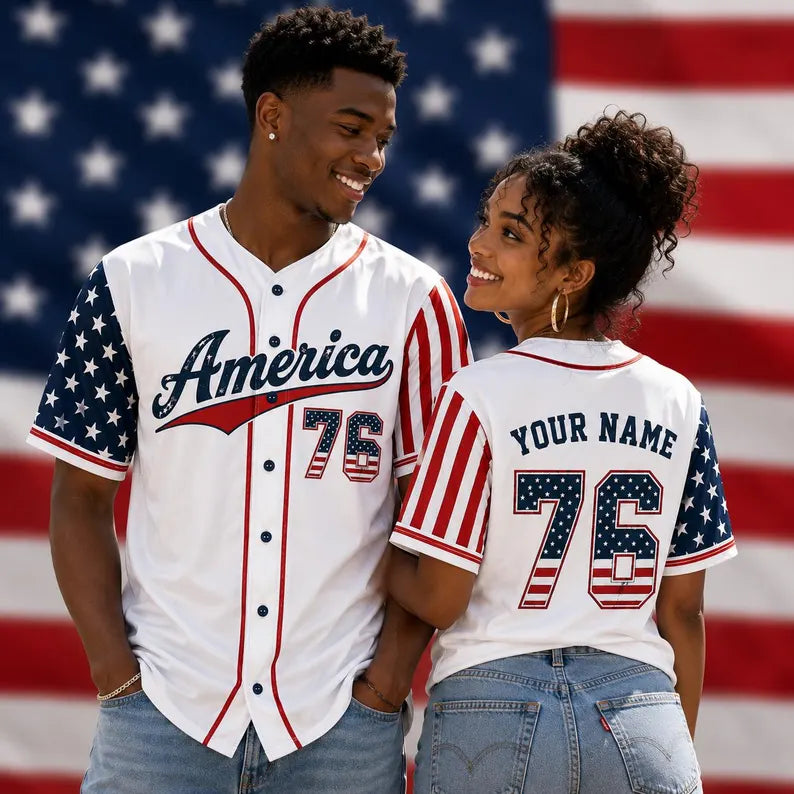 Custom America Baseball Jersey, Personalized Name Number Patriotic Shirt, USA Flag Stars Stripes Sports Button Up, 4th of July Gift Men