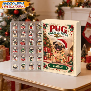 Custom Dog Name Pug Advent Calendar 2026 24 Pcs Acrylic Dog Charms Christmas Countdown Present Box