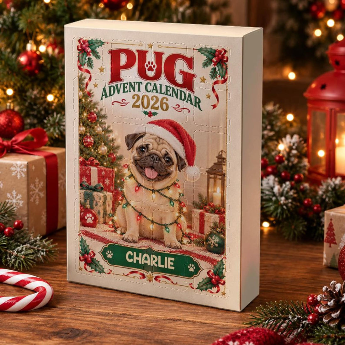 Custom Dog Name Pug Advent Calendar 2026 24 Pcs Acrylic Dog Charms Christmas Countdown Present Box