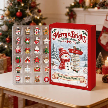Custom Family Name Merry Bright Advent Calendar 24 Pcs Snowman Acrylic Charms Countdown Gift