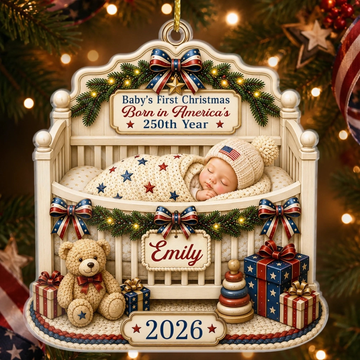 Custom First Christmas Acrylic Ornament - Personalized America 250th Anniversary Christmas Gifts For New Moms, New Dads, New Parents - Wrapped In Love And Freedom