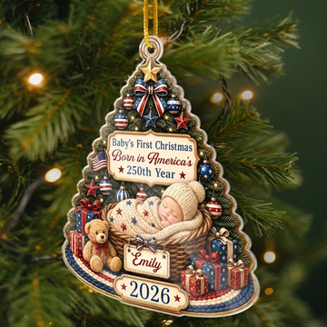 Custom First Christmas Acrylic Ornament - Personalized America 250th Anniversary Christmas Gifts For New Moms, New Dads, New Parents - Our Patriotic Little Miracle Baby
