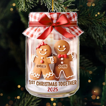 Custom First Christmas Acrylic Ornament - Personalized Anniversary Christmas Wedding Gifts For Husband And Wife, Him And Her - Gingerbread Hearts Together