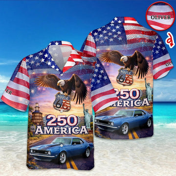 Custom Name 250 Years America Hawaiian Shirt, Patriotic Eagle Route 66 Statue of Liberty Fireworks 4th of July Shirt, Perfect Gift for Him