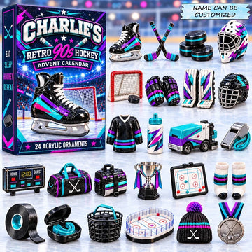 Custom Name Retro Hockey Advent Calendar 2026 - 24-Day Countdown, Acrylic Charms