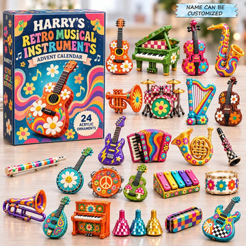 Custom Name Retro Musical Instruments Advent Calendar 2026 - 24-Day Countdown, Acrylic Charms