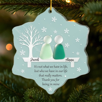 Custom Sea Glass Acrylic Ornament - Personalized Anniversary Christmas Wedding Gifts For Husband And Wife, Him And Her, Couples, Beach Lovers - Two Hearts One Shore