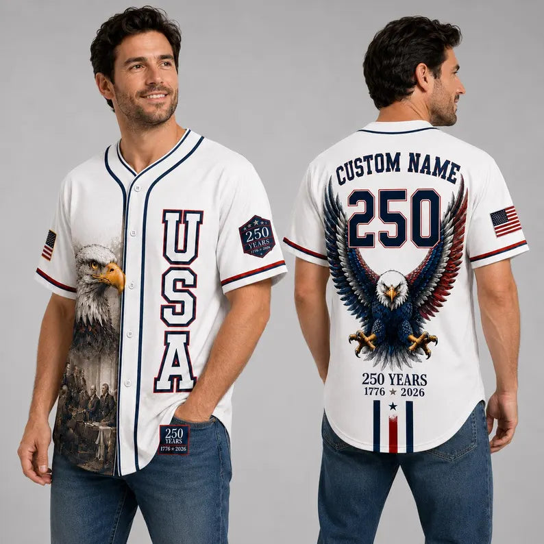 Custom USA 250th Anniversary Baseball Jersey, Personalized Patriotic Bald Eagle Shirt, 1776 2026 Sestercentennial, 4th of July Gift