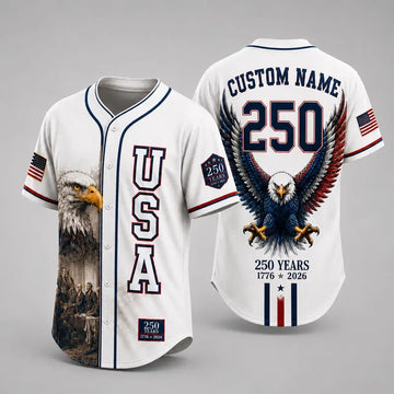 Custom USA 250th Anniversary Baseball Jersey, Personalized Patriotic Bald Eagle Shirt, 1776 2026 Sestercentennial, 4th of July Gift