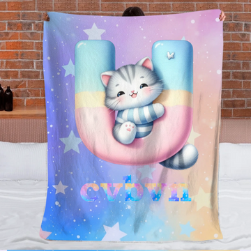Custom Cat Blanket with Name - Personalized Kids Initial Throw - Gift for Daughter Son Birthday - SDG