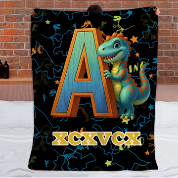 Custom Dinosaur Alphabet Blanket – Personalized Kids Name Initial Throw – Gift for Boys & Girls