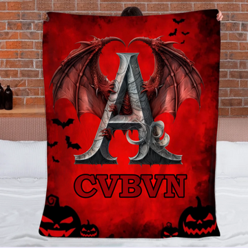 Custom Dragon Letter Blanket – Personalized Halloween Throw with Initial & Name – Gift for Boys & Girls