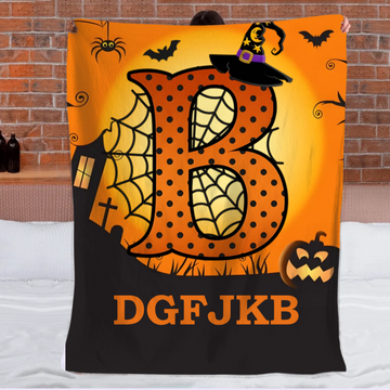 Custom Halloween Blanket – Personalized Spooky Throw Blanket with Initial & Name – Gift for Kids, Girls & Boys