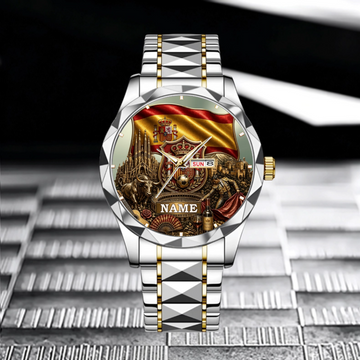 Custom Spain Heritage Watch - Personalized Name Spanish Culture Dial - Gift for Football Fans, Spain Lovers, Men