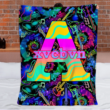 🎸Customized Black Neon Music Notes & Guitars Blanket - Personalized Name - Gifts For Rockstars, Music Lovers
