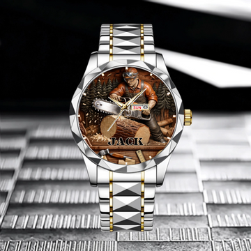 Customized Chainsaw Wood-Cutting Themed Watch - Personalized Name - Gift For Lumbermen