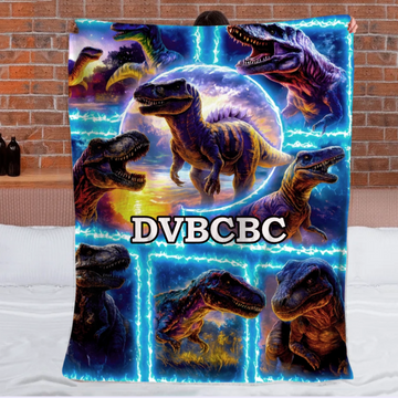 Customized Dinosaur Blue Flame Splice Print Blanket - Personalized Name - Gifts For Kids, Dinosaur Lovers0001