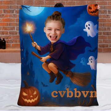 Customized Halloween Fun Blanket - Personalized Photo And Name Witch Blanket - Gift for Kids & Girls