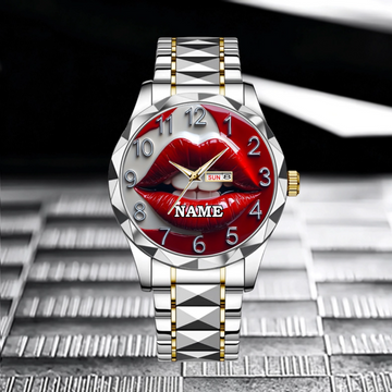 Customized Red Lip Circular Dial - Personalized Name Watch - Gift For Friend