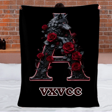 Wolf And Roses, Initial Customized Blanket - Personalized Name And Initial Letter - Gift For HimHer