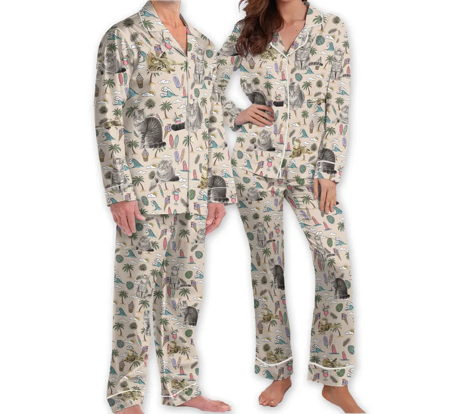 Cute Animal Hawaiian Pajamas Cat Mom Aloha Pjs Set for Women, Couple Pajamas, Cat Lover Gift, Holiday Gift for Her