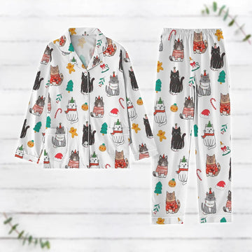 Cute Cats Christmas Pajamas Set, Cat Birthday Shirt, Cat Santa Lights Xmas Pajamas, Holiday Pajamas, Matching Pajamas, Cat Lover Gifts