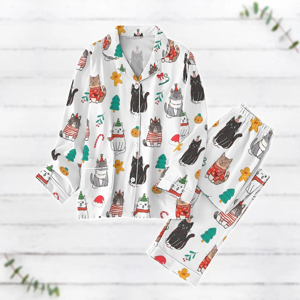 Cute Cats Christmas Pajamas Set, Cat Birthday Shirt, Cat Santa Lights Xmas Pajamas, Holiday Pajamas, Matching Pajamas, Cat Lover Gifts