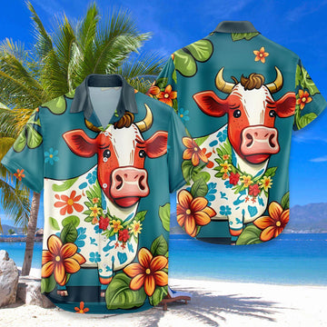 Cute Cow Hawaiian Shirt – Cartoon Tropical Cow Floral Aloha Button Down