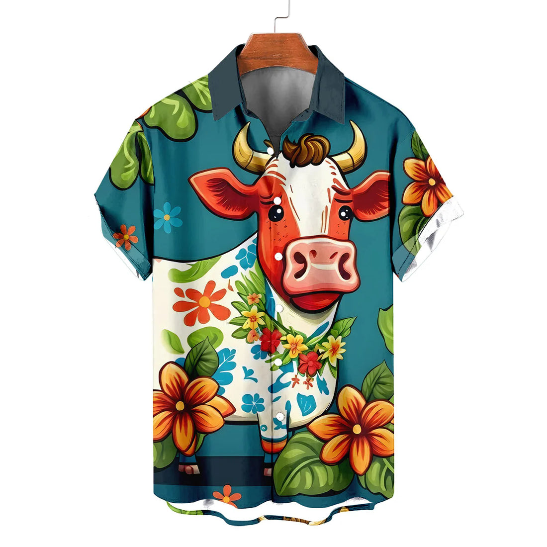 Cute Cow Hawaiian Shirt – Cartoon Tropical Cow Floral Aloha Button Down