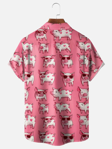 Cute Pig Chest Pocket Casual Hawaiian Shirt