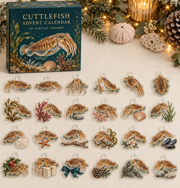 Cuttlefish advent calendar with 24 custom-shaped flat acrylic charms and printed dimensional artwork 2026 - 24-Day Countdown, Acrylic Charms