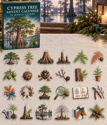 Cypress Tree advent calendar with 24 custom-shaped flat acrylic charms and printed dimensional artwork 2026 - 24-Day Countdown, Acrylic Charms