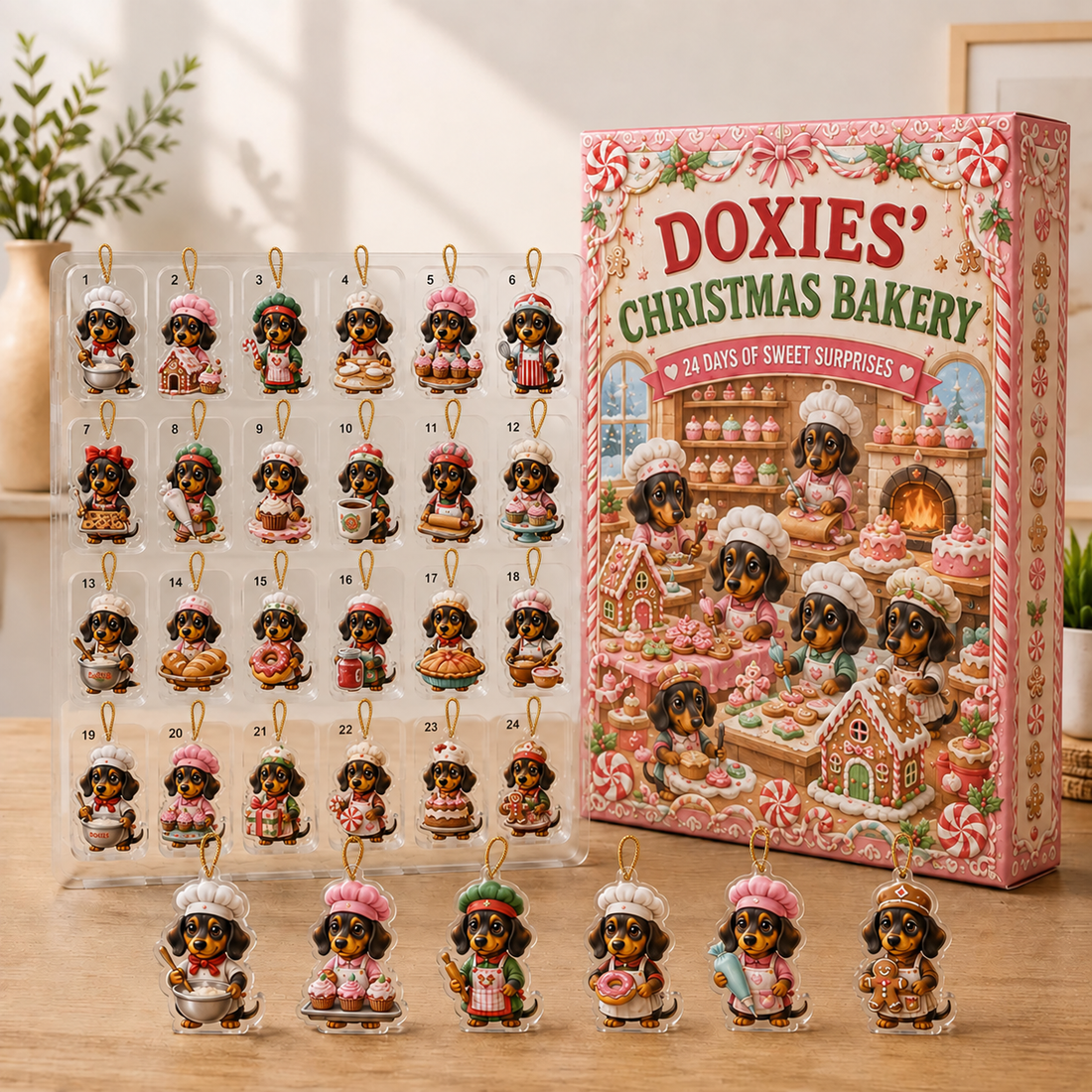 Dachshund Christmas Bakery Advent Calendar 24 Flat Acrylic Or Wood Charms